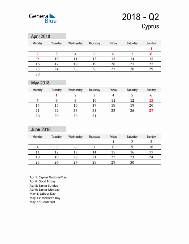 Cyprus Quarter 2 2018 Calendar with Holidays