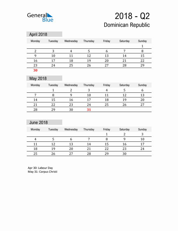 Dominican Republic Quarter 2 2018 Calendar with Holidays