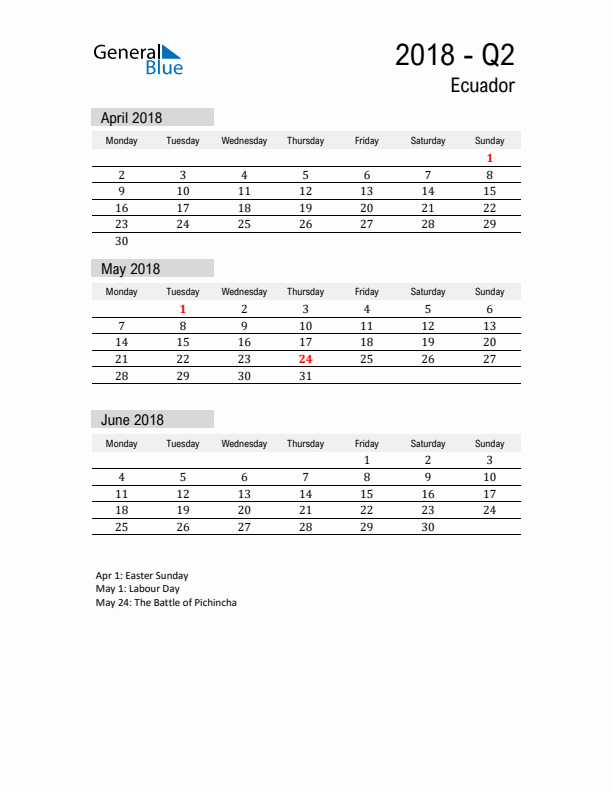 Ecuador Quarter 2 2018 Calendar with Holidays