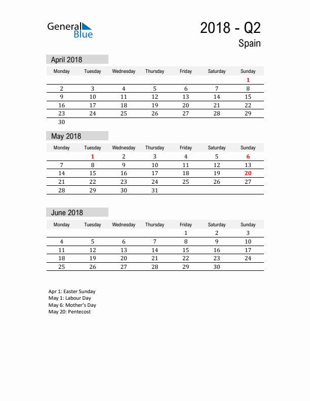 Spain Quarter 2 2018 Calendar with Holidays