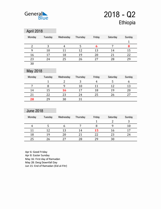 Ethiopia Quarter 2 2018 Calendar with Holidays