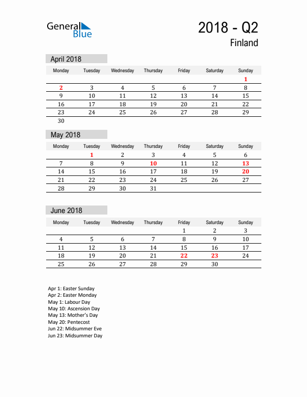 Finland Quarter 2 2018 Calendar with Holidays