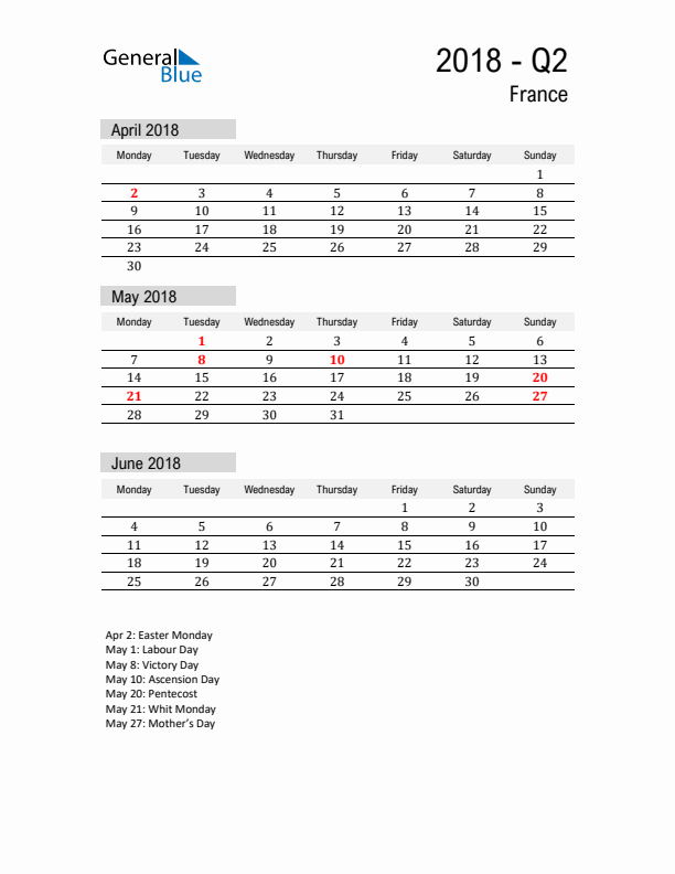 France Quarter 2 2018 Calendar with Holidays