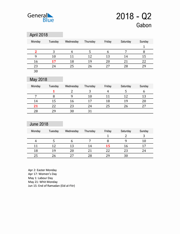 Gabon Quarter 2 2018 Calendar with Holidays