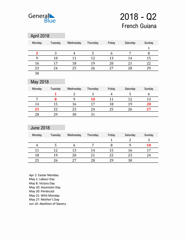 French Guiana Quarter 2 2018 Calendar with Holidays