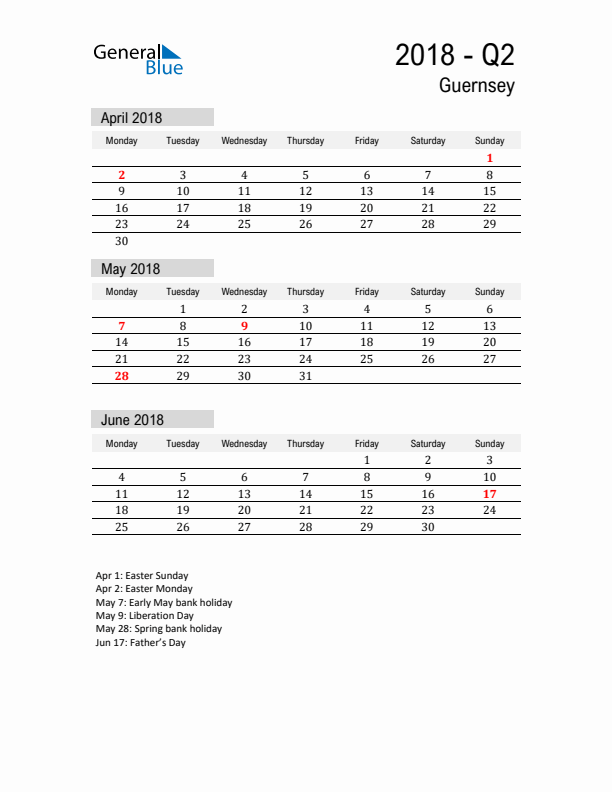 Guernsey Quarter 2 2018 Calendar with Holidays