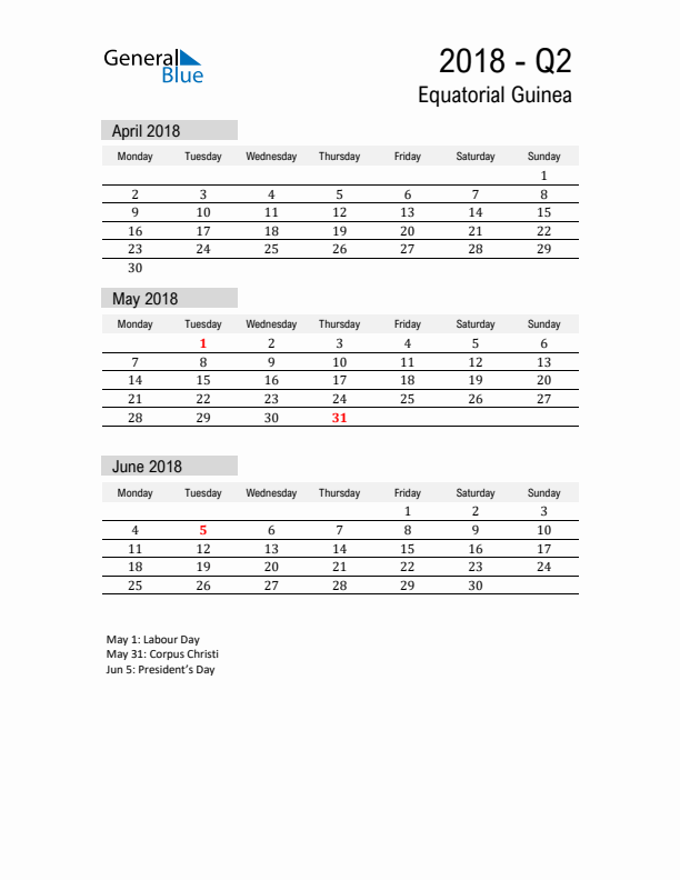 Equatorial Guinea Quarter 2 2018 Calendar with Holidays