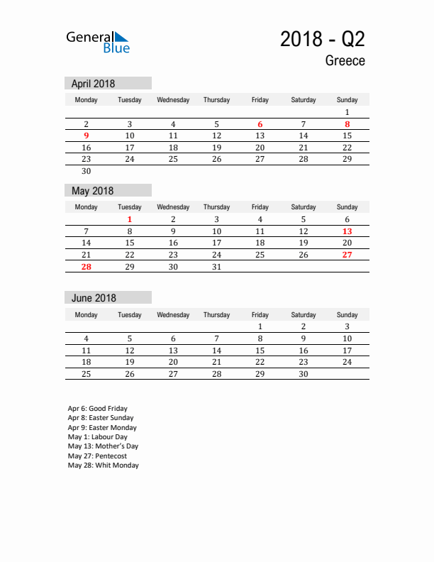 Greece Quarter 2 2018 Calendar with Holidays