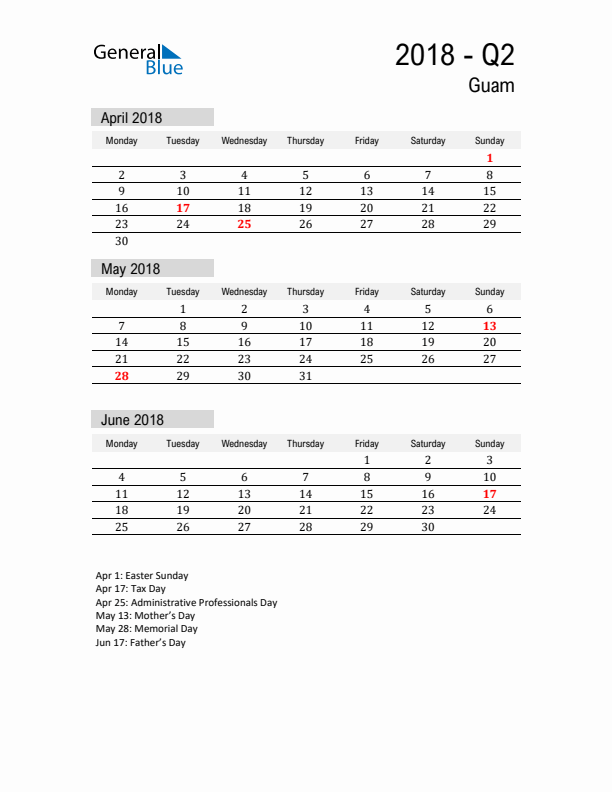 Guam Quarter 2 2018 Calendar with Holidays