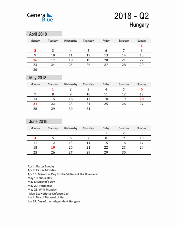 Hungary Quarter 2 2018 Calendar with Holidays