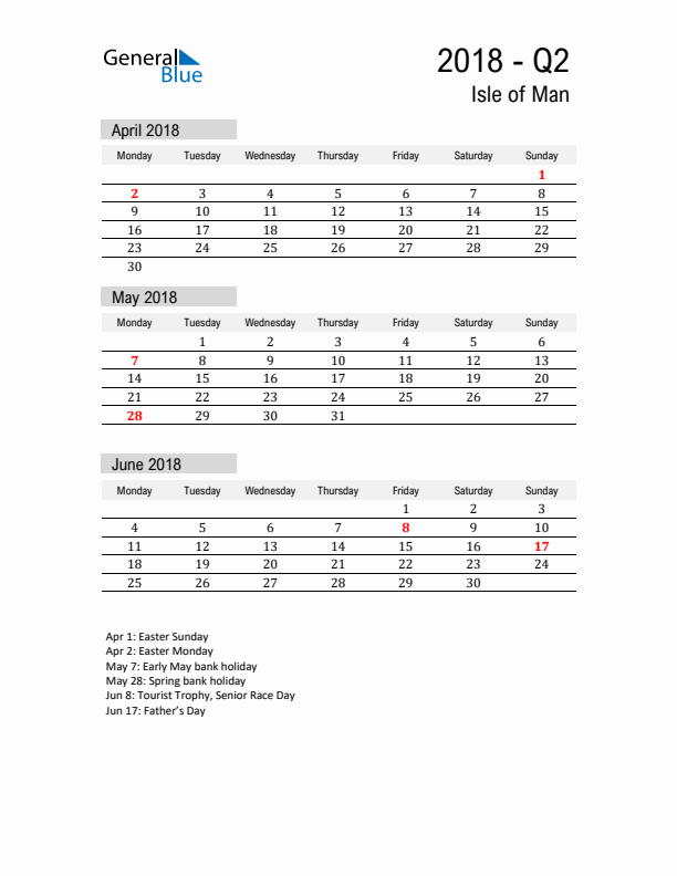 Isle of Man Quarter 2 2018 Calendar with Holidays