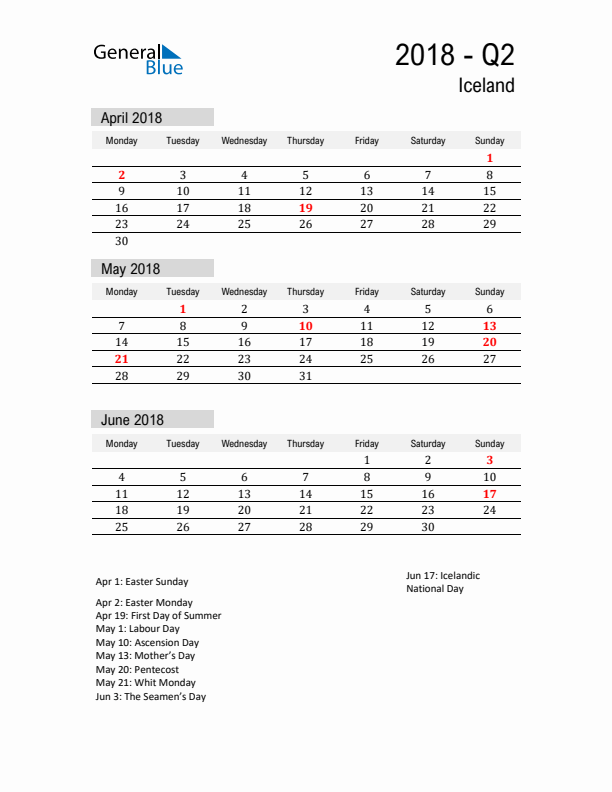 Iceland Quarter 2 2018 Calendar with Holidays