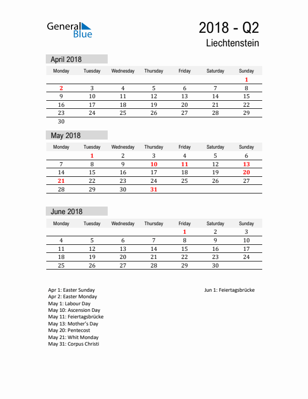 Liechtenstein Quarter 2 2018 Calendar with Holidays