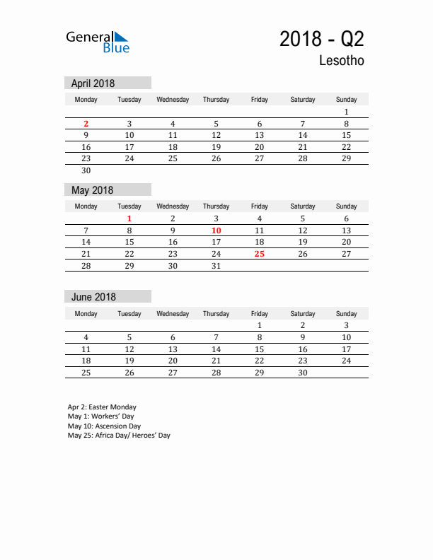 Lesotho Quarter 2 2018 Calendar with Holidays