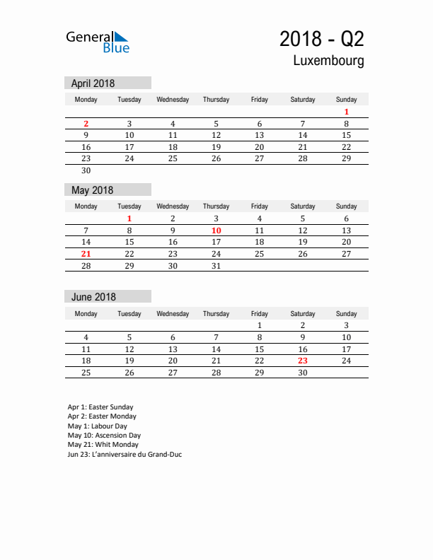 Luxembourg Quarter 2 2018 Calendar with Holidays