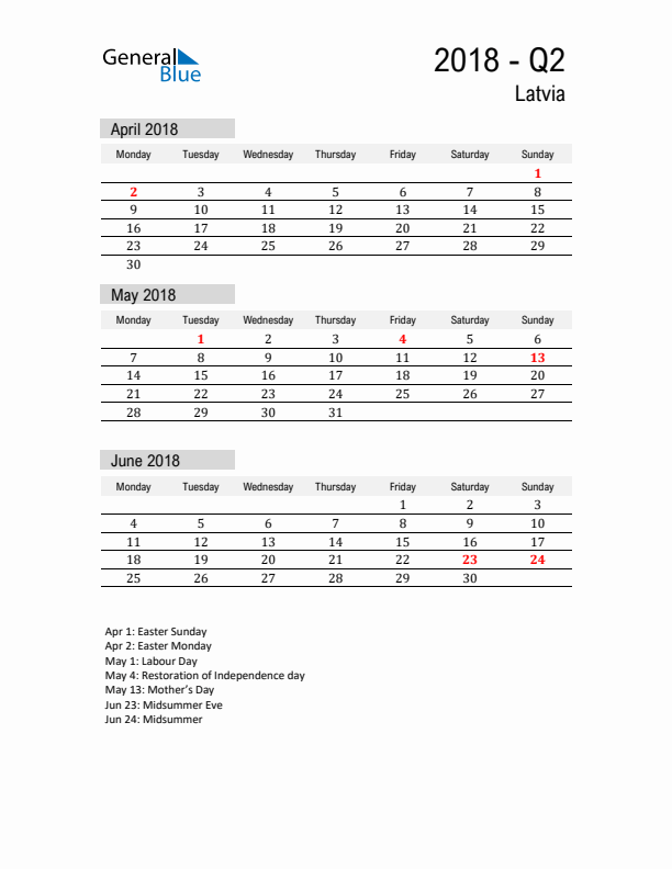 Latvia Quarter 2 2018 Calendar with Holidays