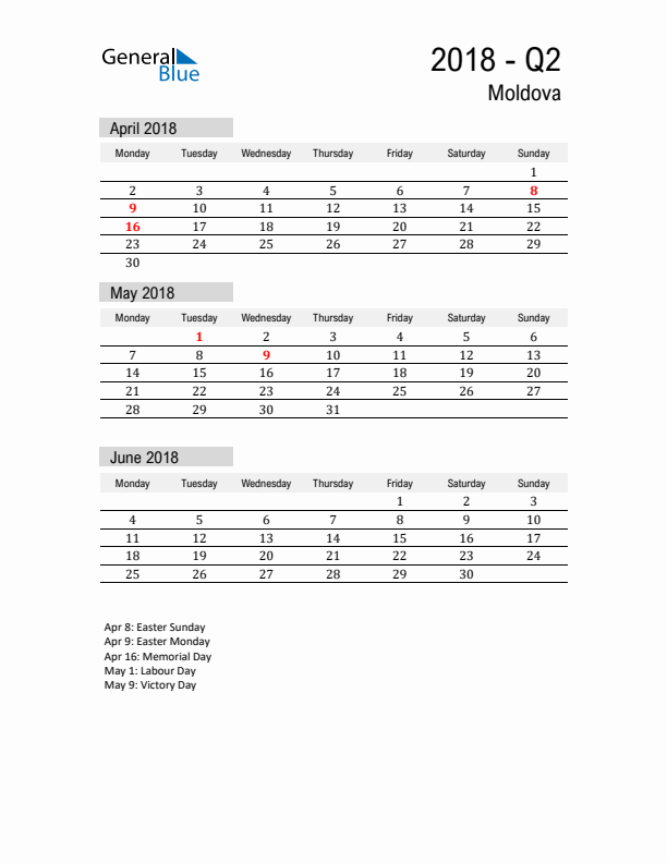 Moldova Quarter 2 2018 Calendar with Holidays