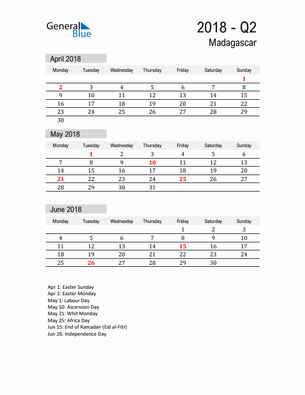 Madagascar Quarter 2 2018 Calendar with Holidays