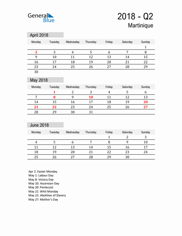 Martinique Quarter 2 2018 Calendar with Holidays