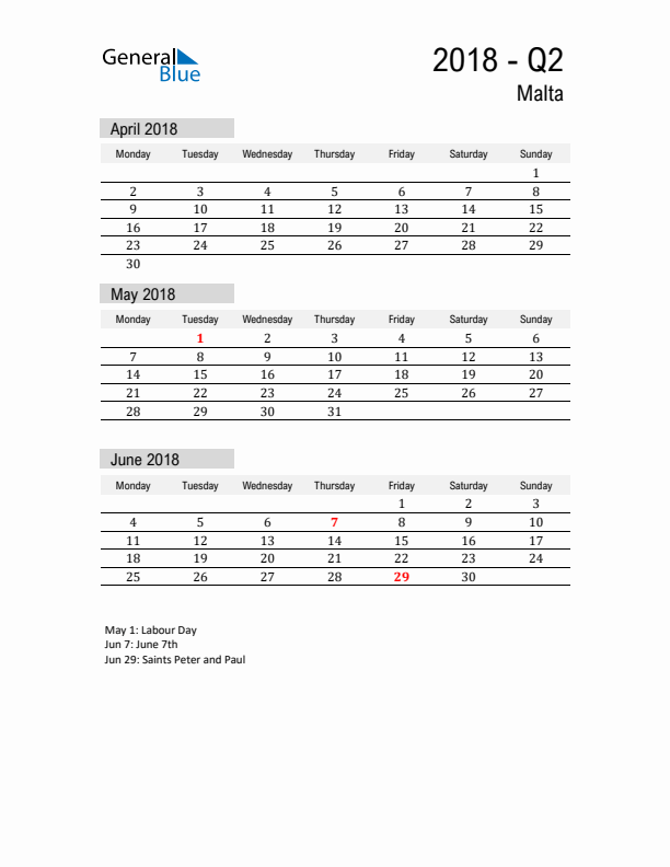 Malta Quarter 2 2018 Calendar with Holidays