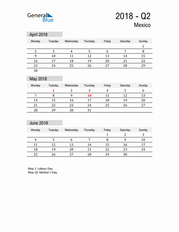 Mexico Quarter 2 2018 Calendar with Holidays