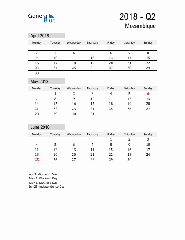 Mozambique Quarter 2 2018 Calendar with Holidays