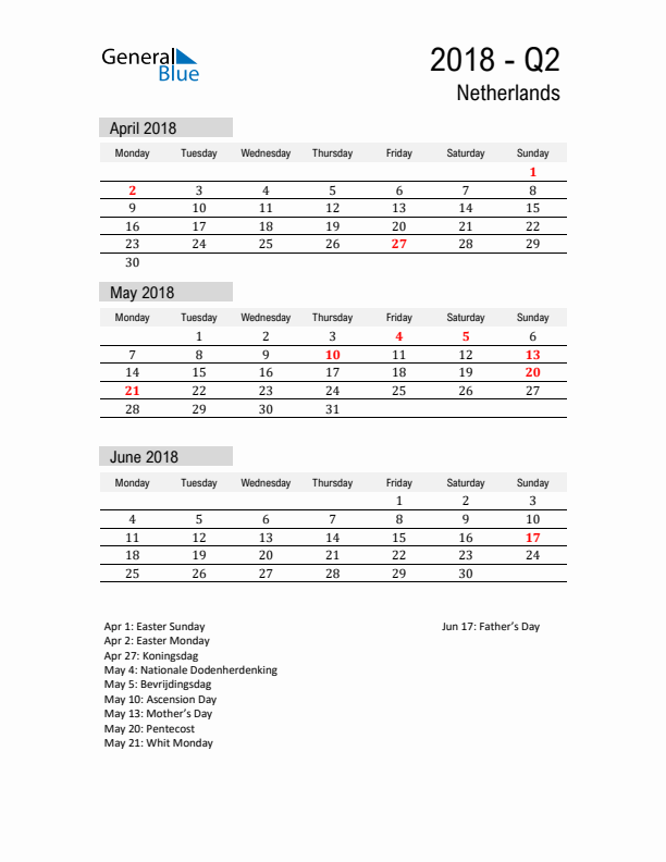 The Netherlands Quarter 2 2018 Calendar with Holidays