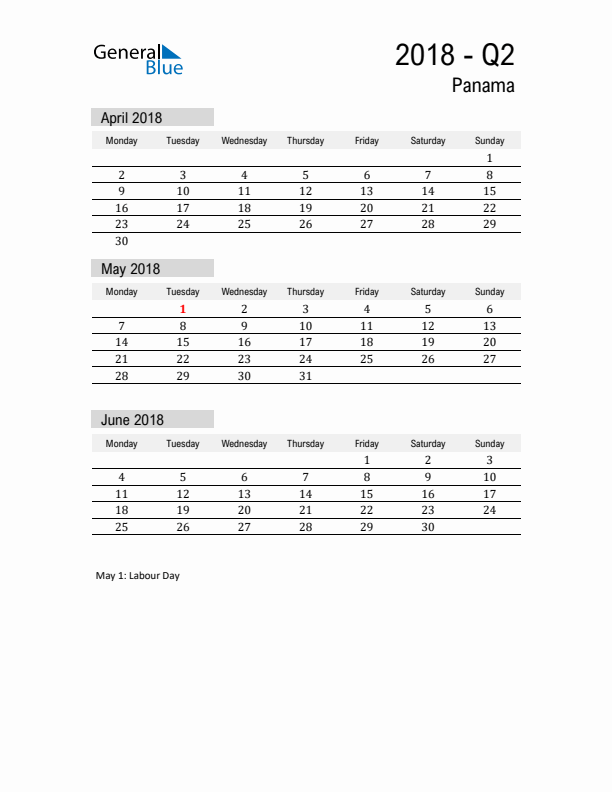 Panama Quarter 2 2018 Calendar with Holidays