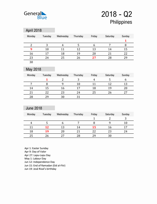 Philippines Quarter 2 2018 Calendar with Holidays