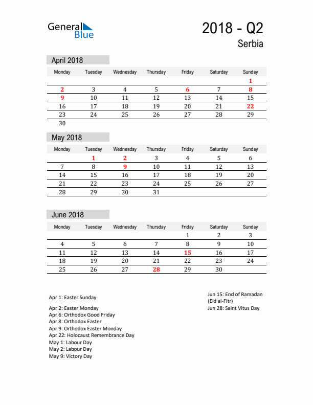 Serbia Quarter 2 2018 Calendar with Holidays