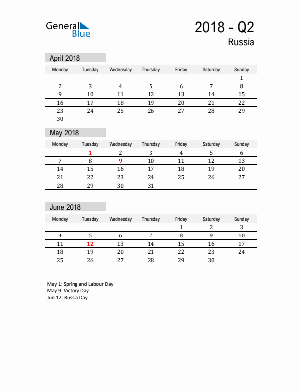 Russia Quarter 2 2018 Calendar with Holidays