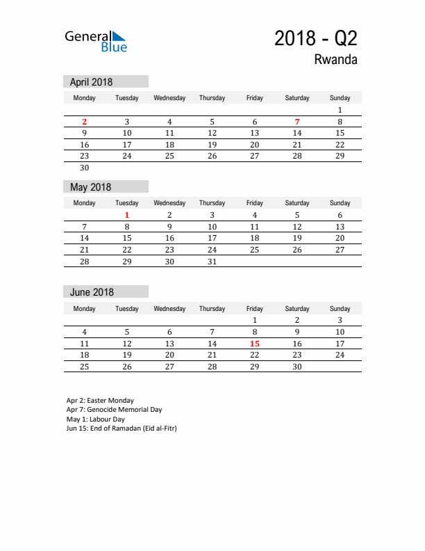 Rwanda Quarter 2 2018 Calendar with Holidays