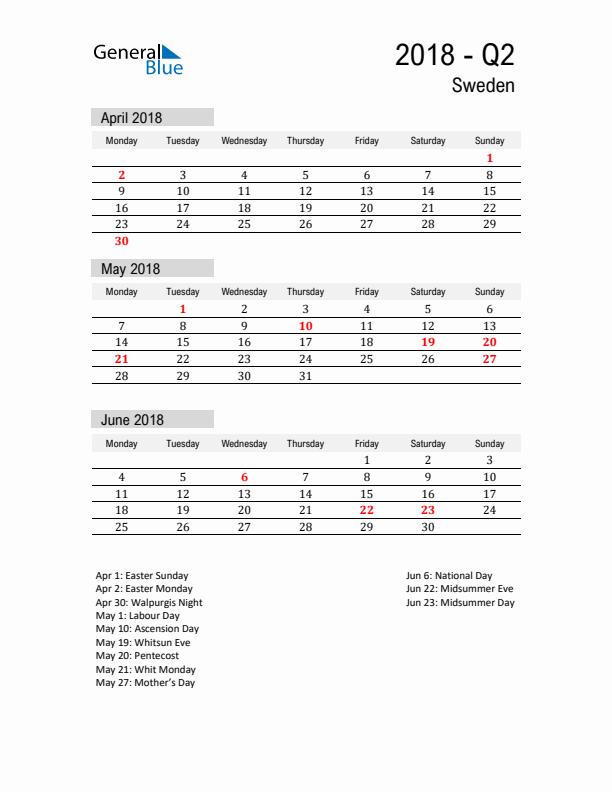 Sweden Quarter 2 2018 Calendar with Holidays