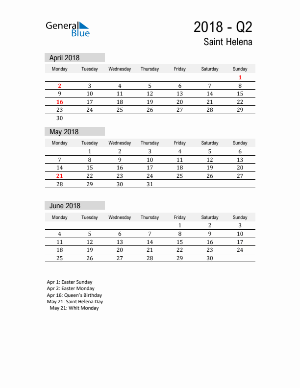 Saint Helena Quarter 2 2018 Calendar with Holidays