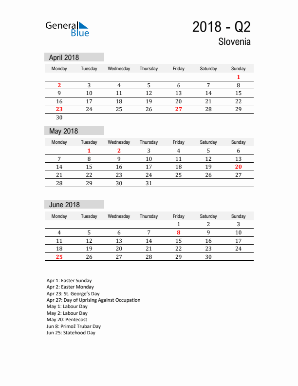 Slovenia Quarter 2 2018 Calendar with Holidays