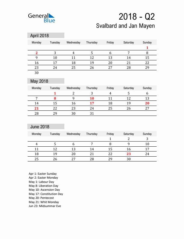 Svalbard and Jan Mayen Quarter 2 2018 Calendar with Holidays