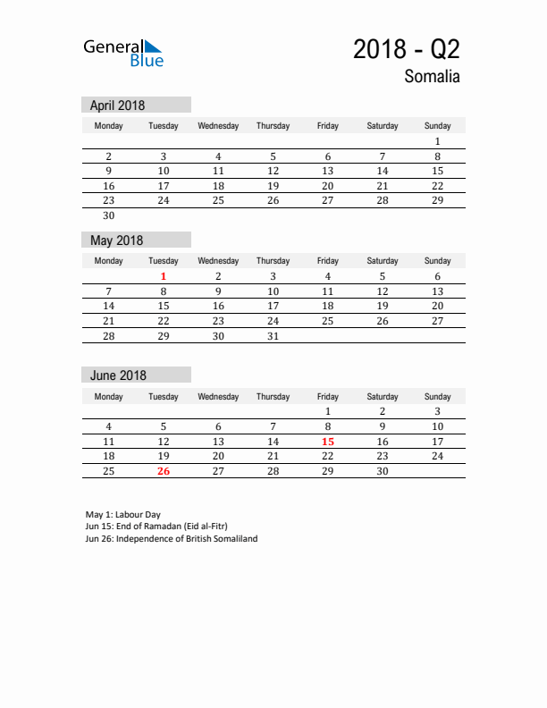 Somalia Quarter 2 2018 Calendar with Holidays