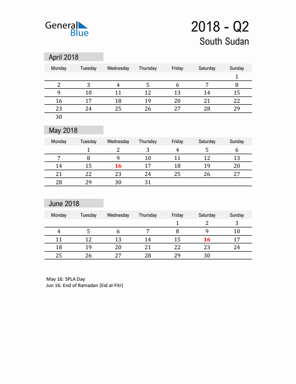 South Sudan Quarter 2 2018 Calendar with Holidays