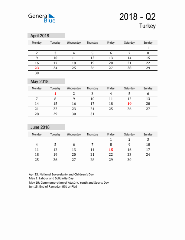 Turkey Quarter 2 2018 Calendar with Holidays