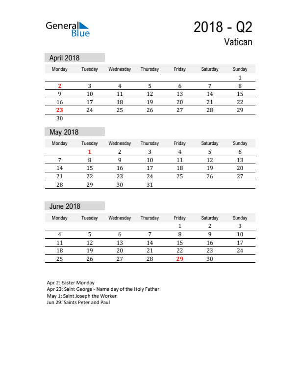 Vatican Quarter 2 2018 Calendar with Holidays