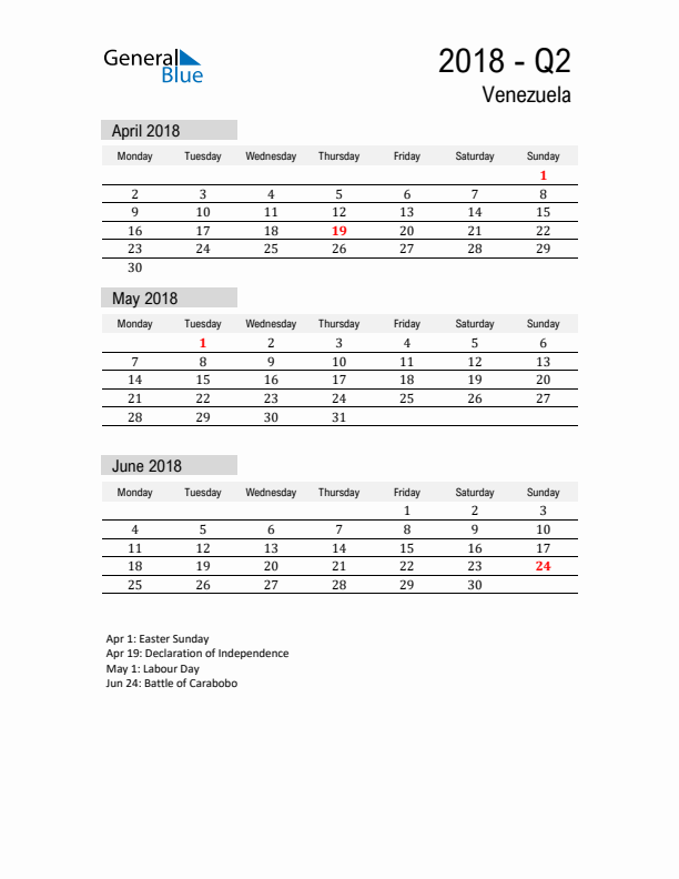 Venezuela Quarter 2 2018 Calendar with Holidays