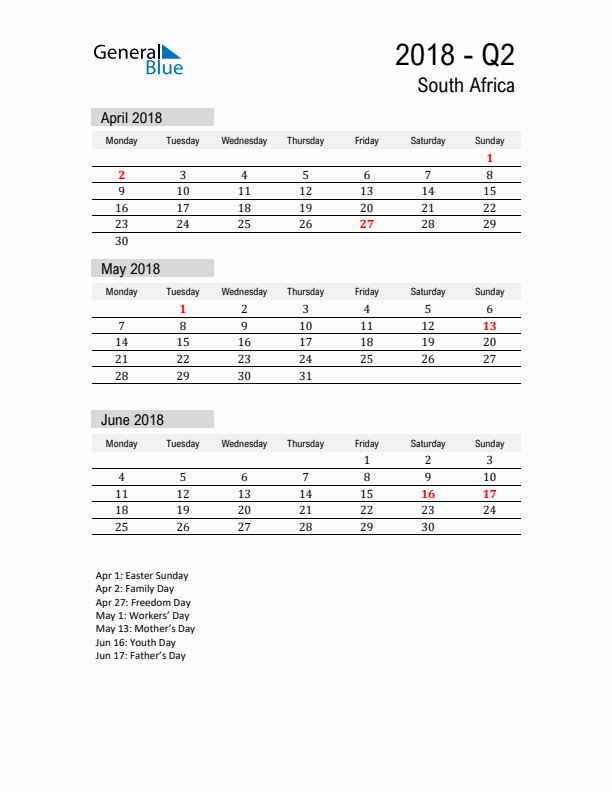 South Africa Quarter 2 2018 Calendar with Holidays