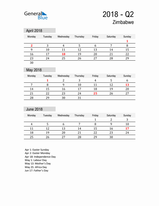 Zimbabwe Quarter 2 2018 Calendar with Holidays