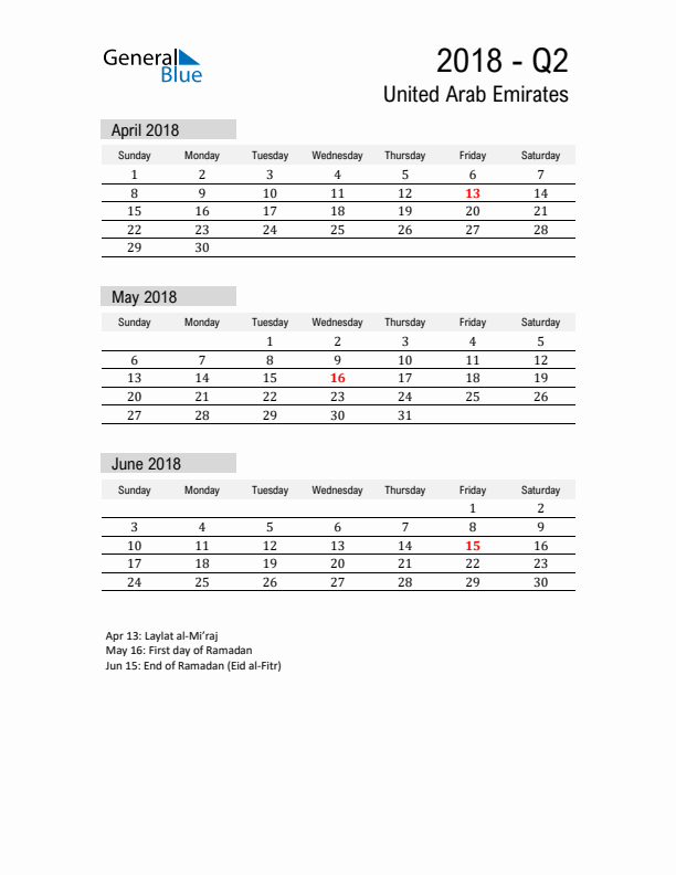 United Arab Emirates Quarter 2 2018 Calendar with Holidays