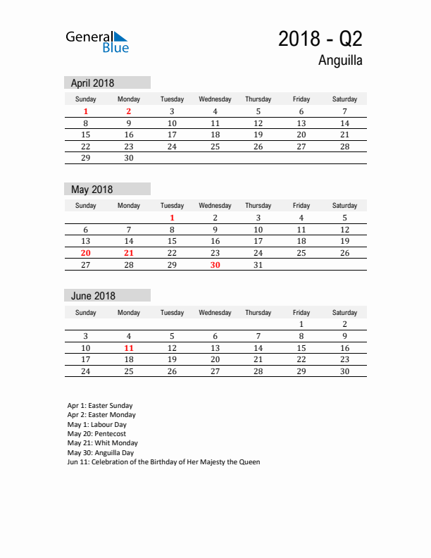 Anguilla Quarter 2 2018 Calendar with Holidays