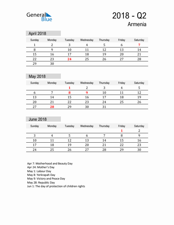 Armenia Quarter 2 2018 Calendar with Holidays