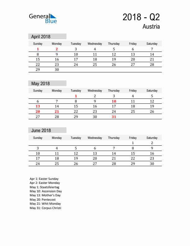 Austria Quarter 2 2018 Calendar with Holidays