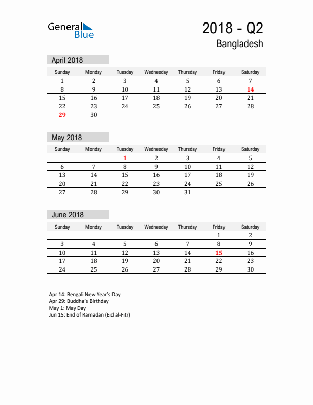 Bangladesh Quarter 2 2018 Calendar with Holidays