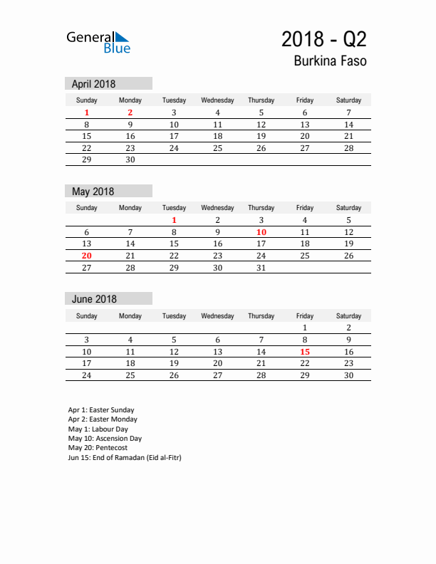 Burkina Faso Quarter 2 2018 Calendar with Holidays