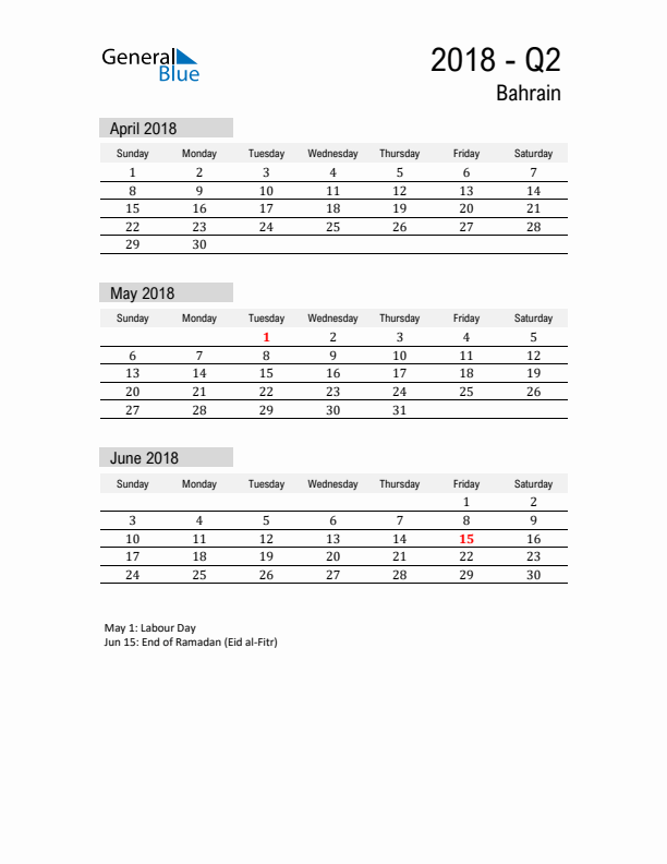 Bahrain Quarter 2 2018 Calendar with Holidays